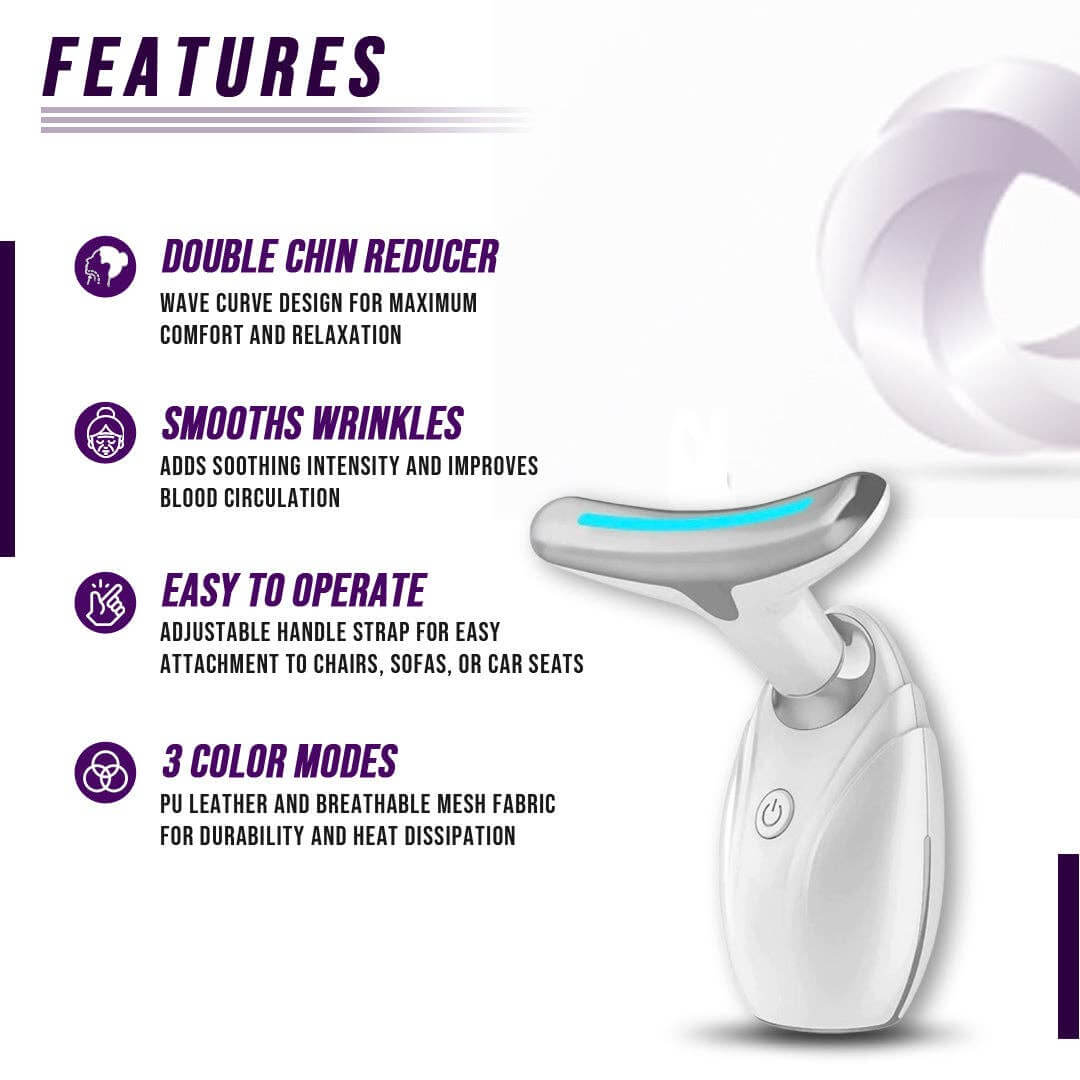 Neck and face lifting LED therapy device, features include double chin reduction and wrinkle smoothing.