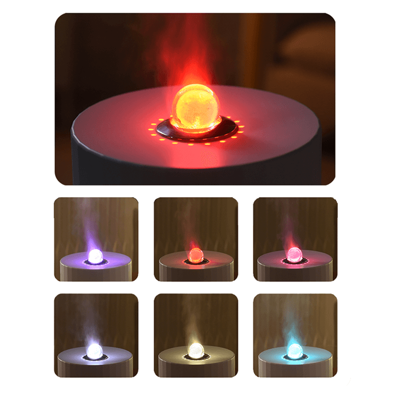 Oracle Crystal Ball Flame Essential Oil Diffuser with colorful lights and mist, showcasing multiple color options.