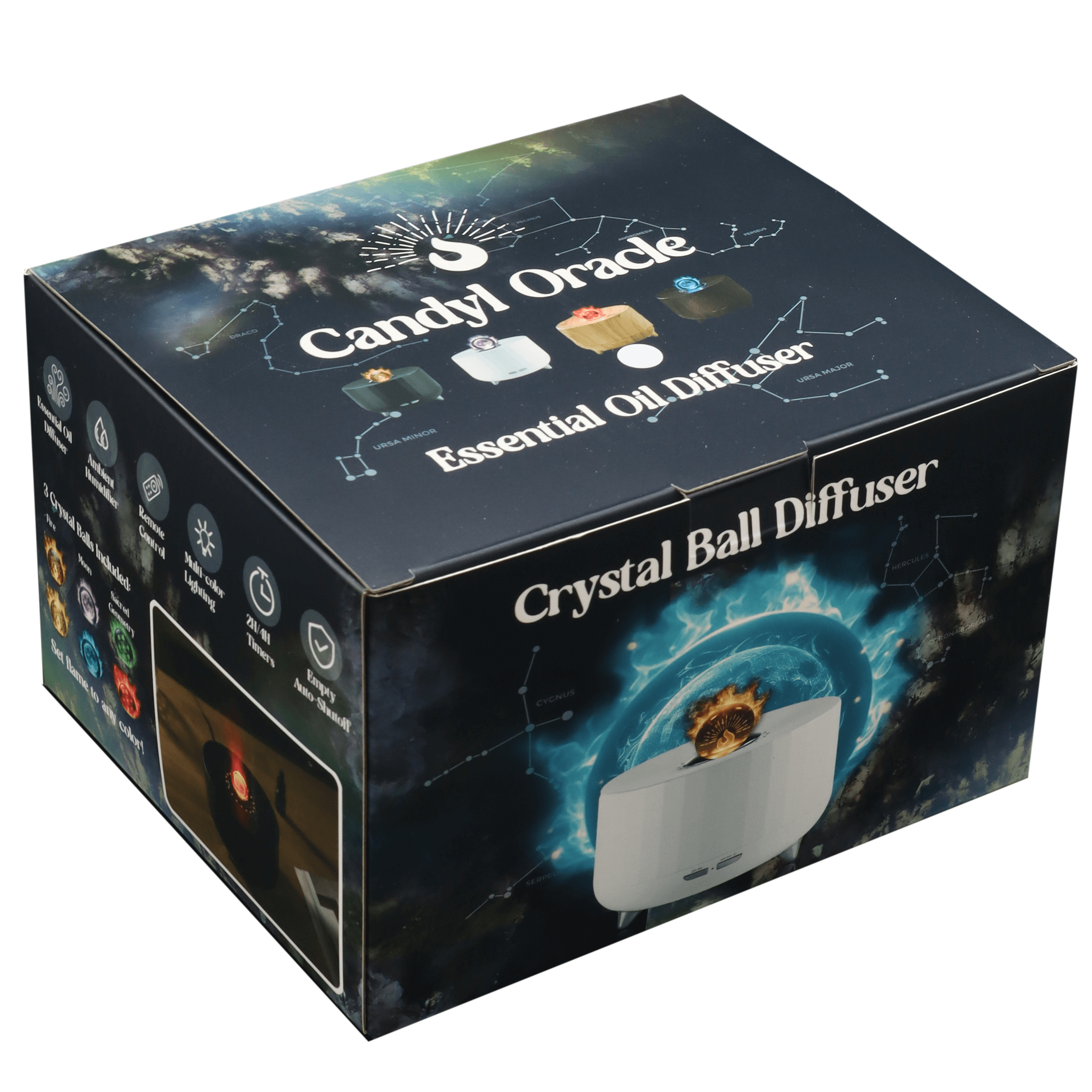 Candy Oracle essential oil diffuser box showcasing crystal ball design and features for colorful aroma diffusion.