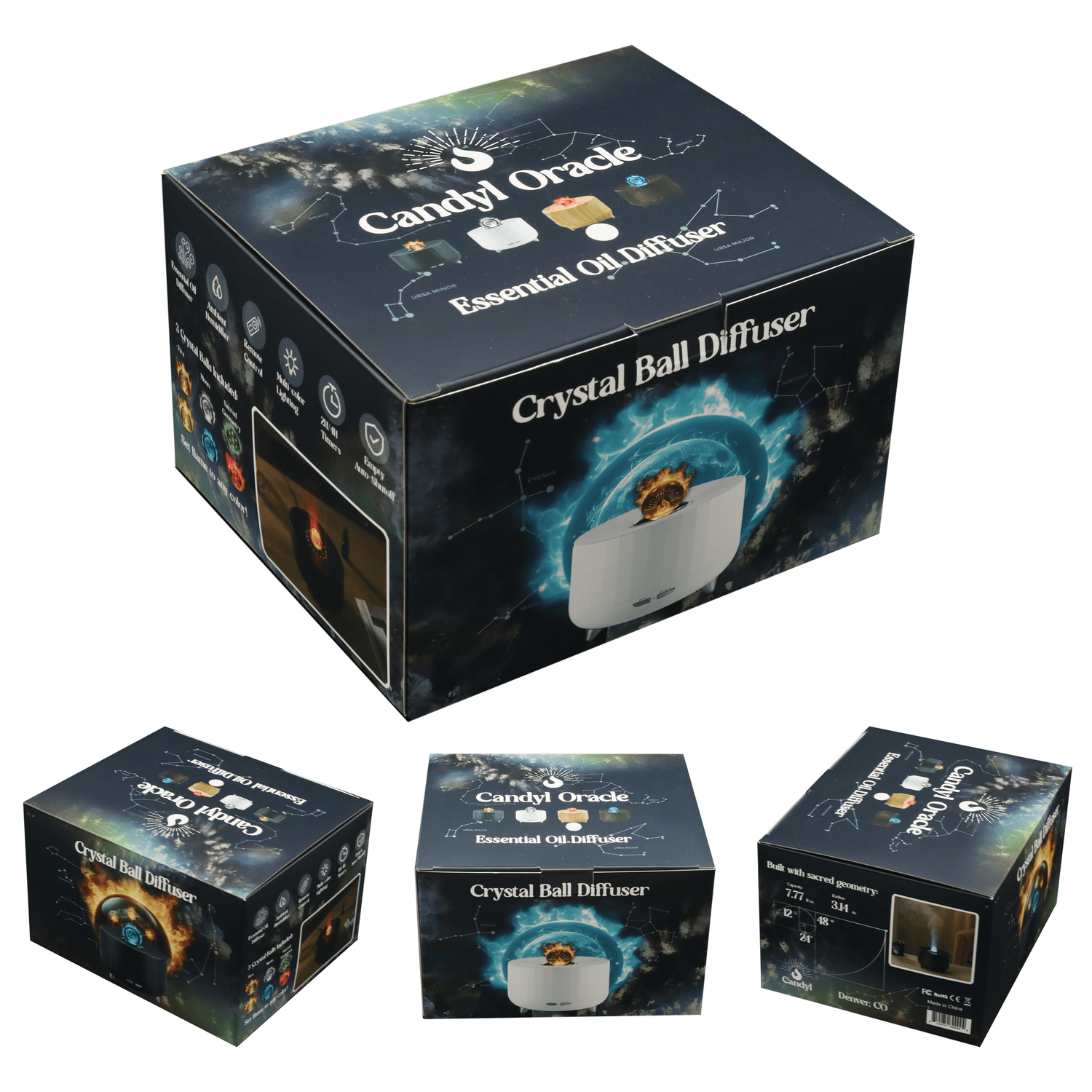 Candyl Oracle Crystal Ball Essential Oil Diffuser packaging featuring vibrant designs and multiple boxes.