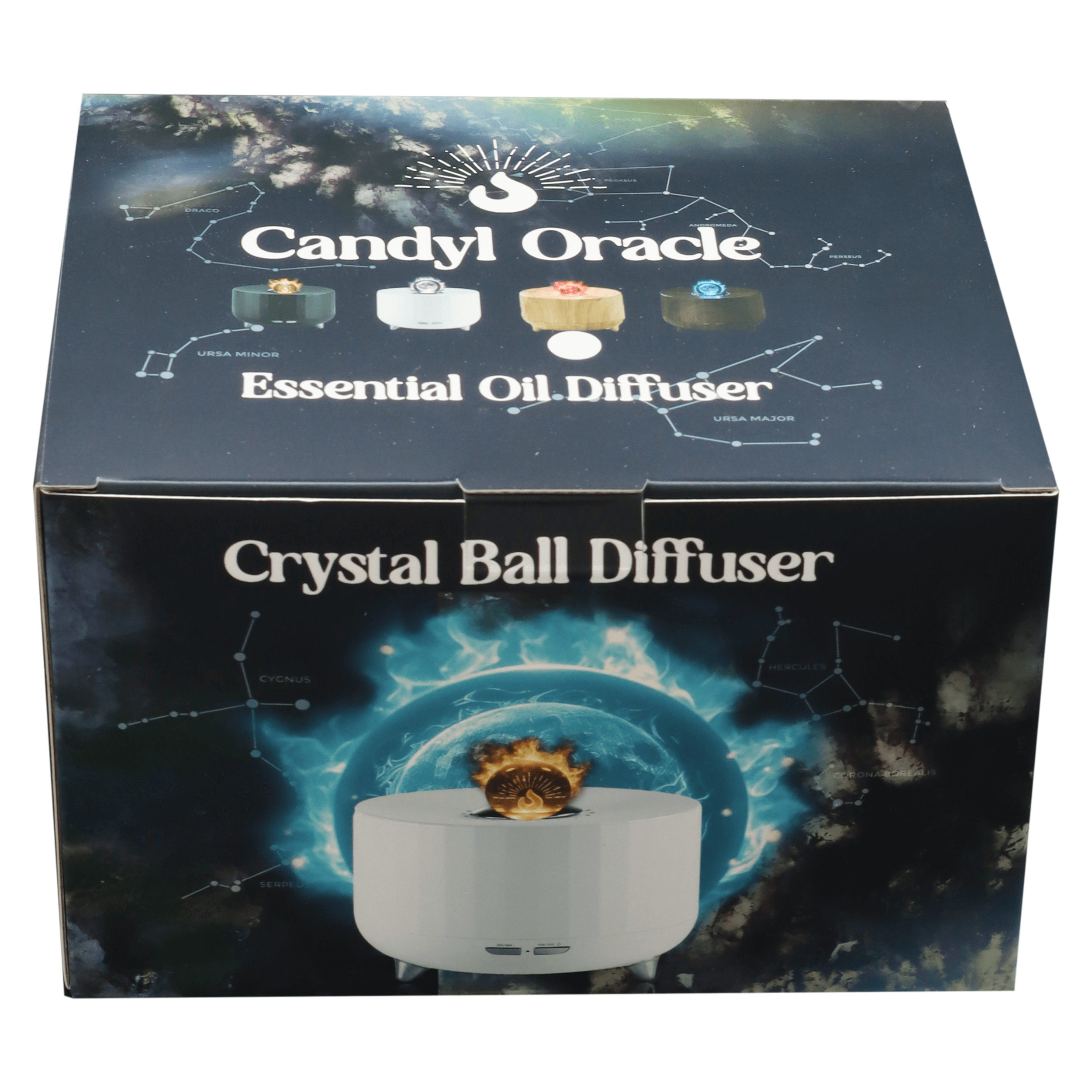 Candyl Oracle Crystal Ball Essential Oil Diffuser box featuring vibrant designs and laser-etched crystal ball options.