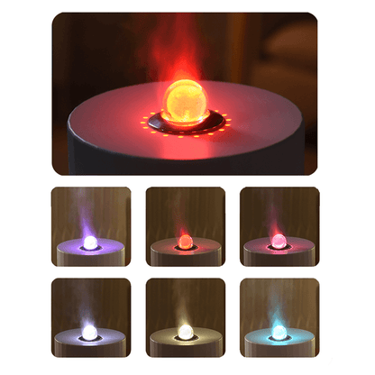 Oracle Crystal Ball Flame Essential Oil Diffuser with colorful lights and mist, showcasing multiple color options.