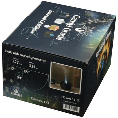 Candyl Oracle Essential Oil Diffuser box with laser-etched designs and 3 crystal ball styles.