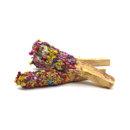 Colorful Palo Santo Pops with herbs and resins, offering a unique incense experience and therapeutic benefits.