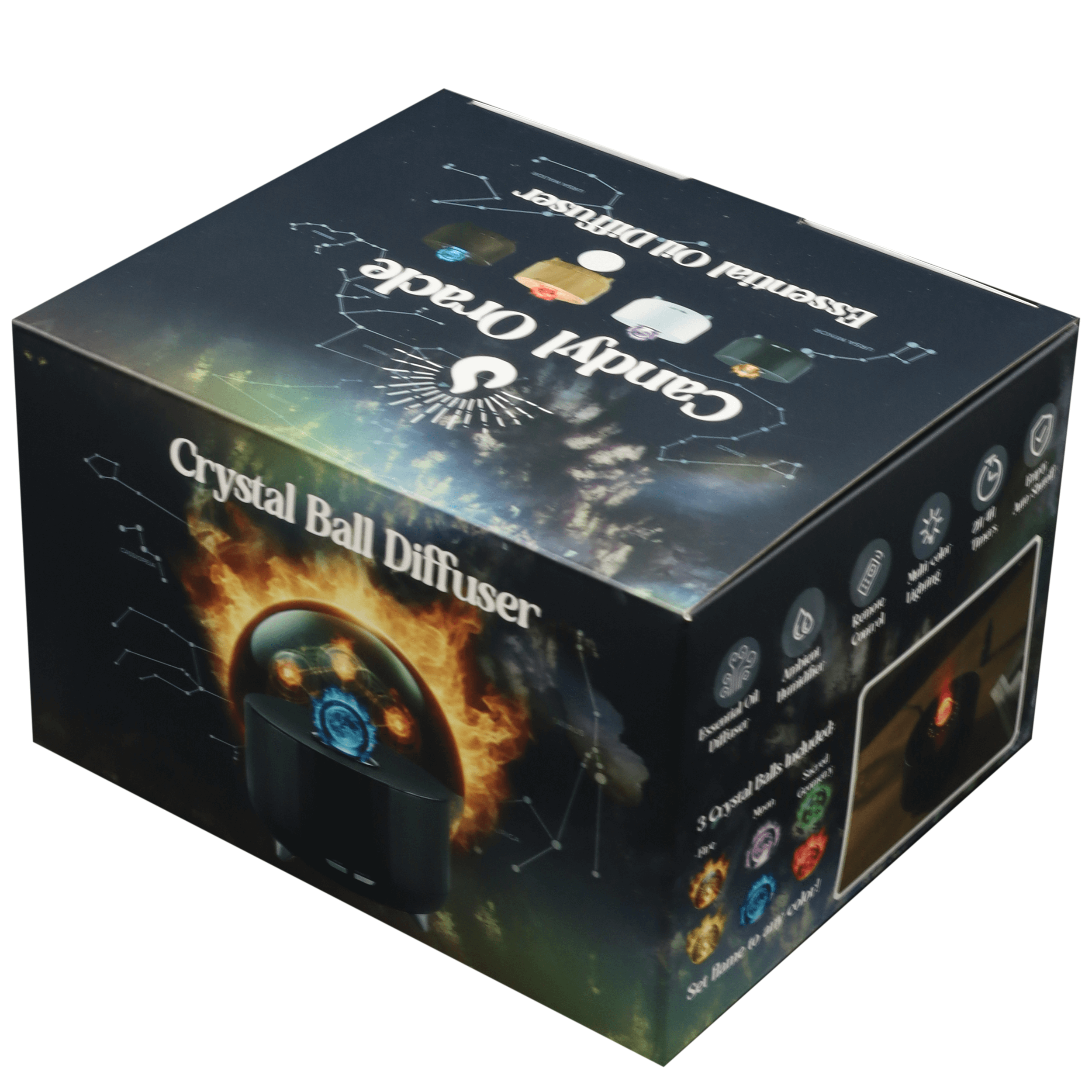 Candyl Oracle Crystal Ball Diffuser box showcasing its colorful design and essential oil features.