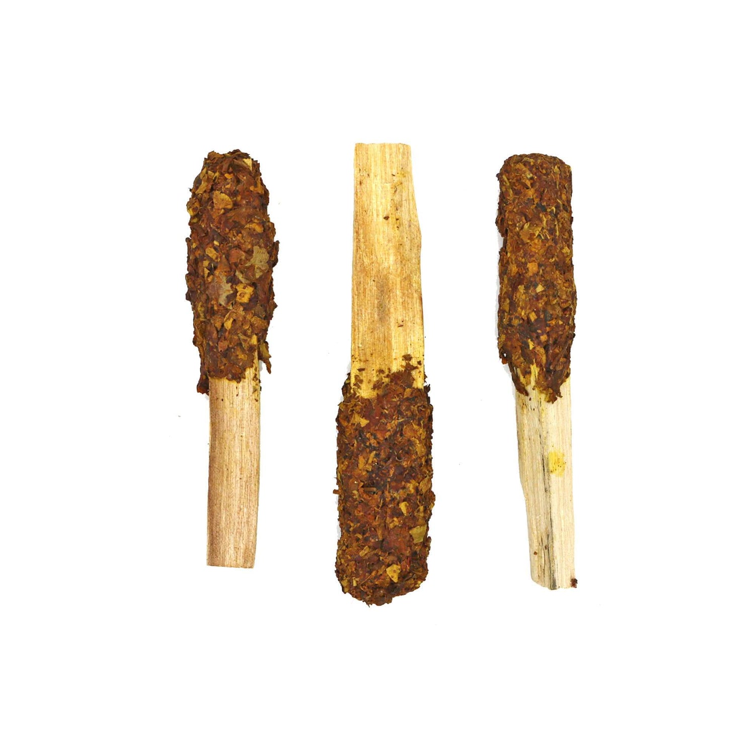 Three Palo Santo Pops smudge sticks made from sacred wood, crafted with herbs and resins for therapeutic benefits.