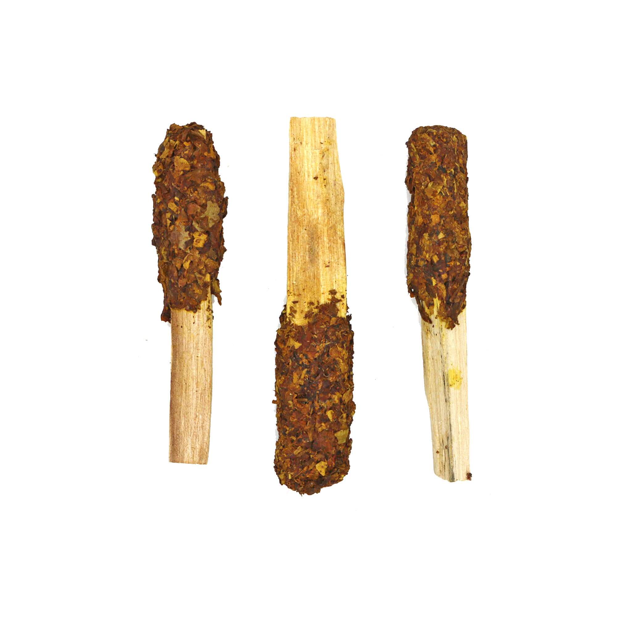 Three Palo Santo Pops smudge sticks made from sacred wood, crafted with herbs and resins for therapeutic benefits.